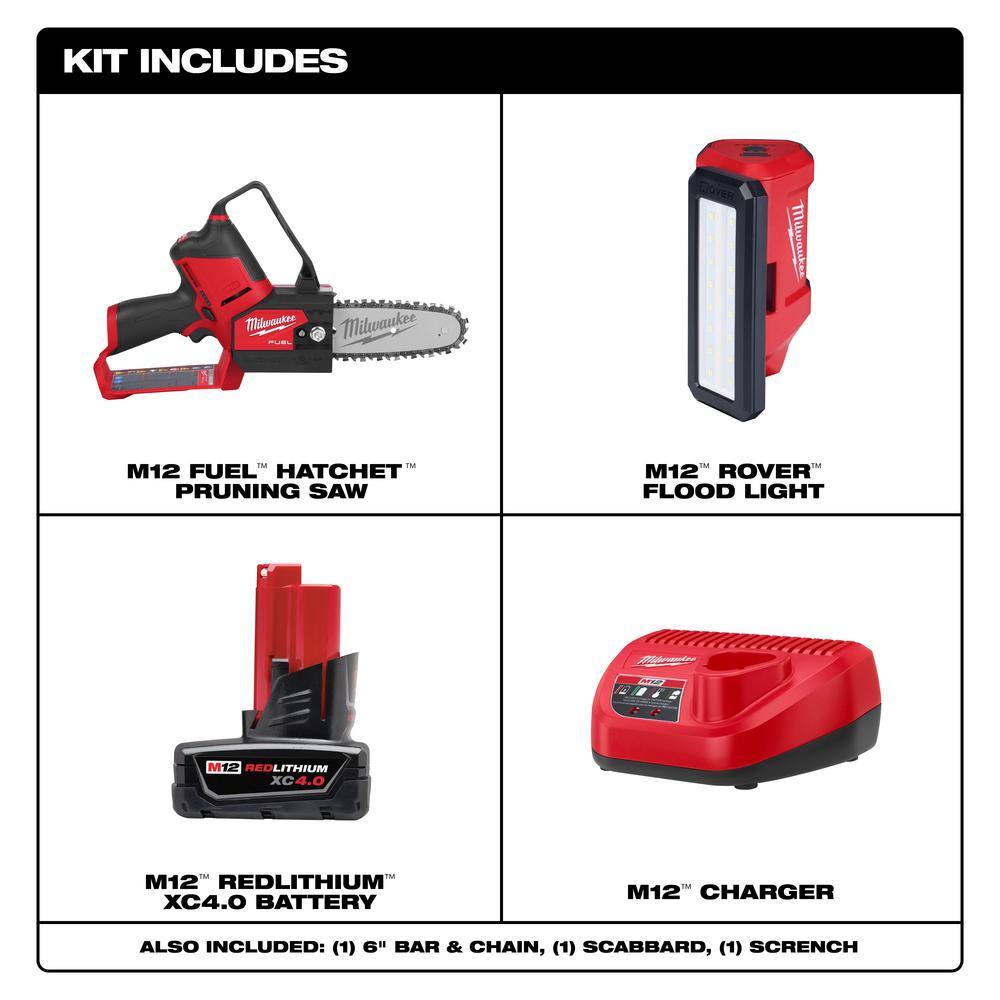 Milwaukee M12 FUEL 12V Lithium-Ion Brushless Battery 6 in. HATCHET Pruning Saw Kit, Pivoting Flood Light, 4.0 Ah Battery, Charger 2527-21-2367-20