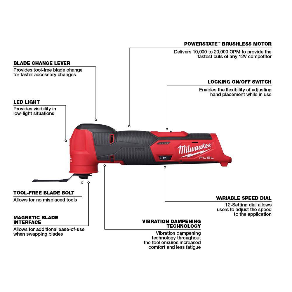 Milwaukee M12 FUEL 12V Lithium-Ion Cordless Oscillating Multi-Tool and Impact Driver with Two 3.0 Ah Batteries 2526-20-2551-20-48-11-2412