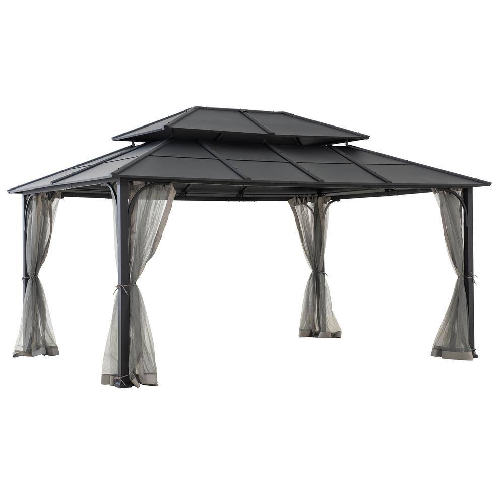 Sunjoy 12 ft. x 16 ft. Black Steel Gazebo with 2-tier Hip Roof Hardtop and Ceiling Hook and Removable Netting Sidewalls A102009141