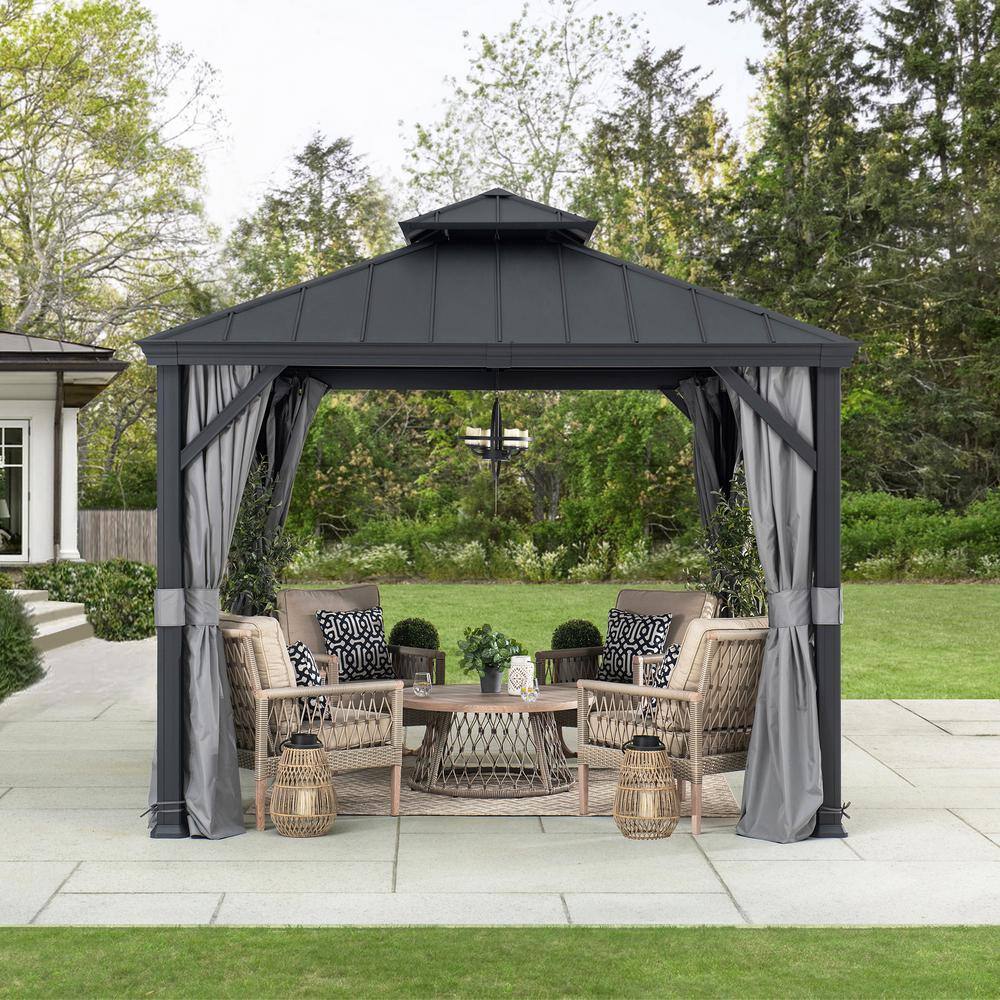 Sunjoy 10 ft. x 10 ft. Aluminum Frame and Black Power-Coated 2-Tier Steel Hardtop Gazebo for Backyard with Netting and Curtain A102012121
