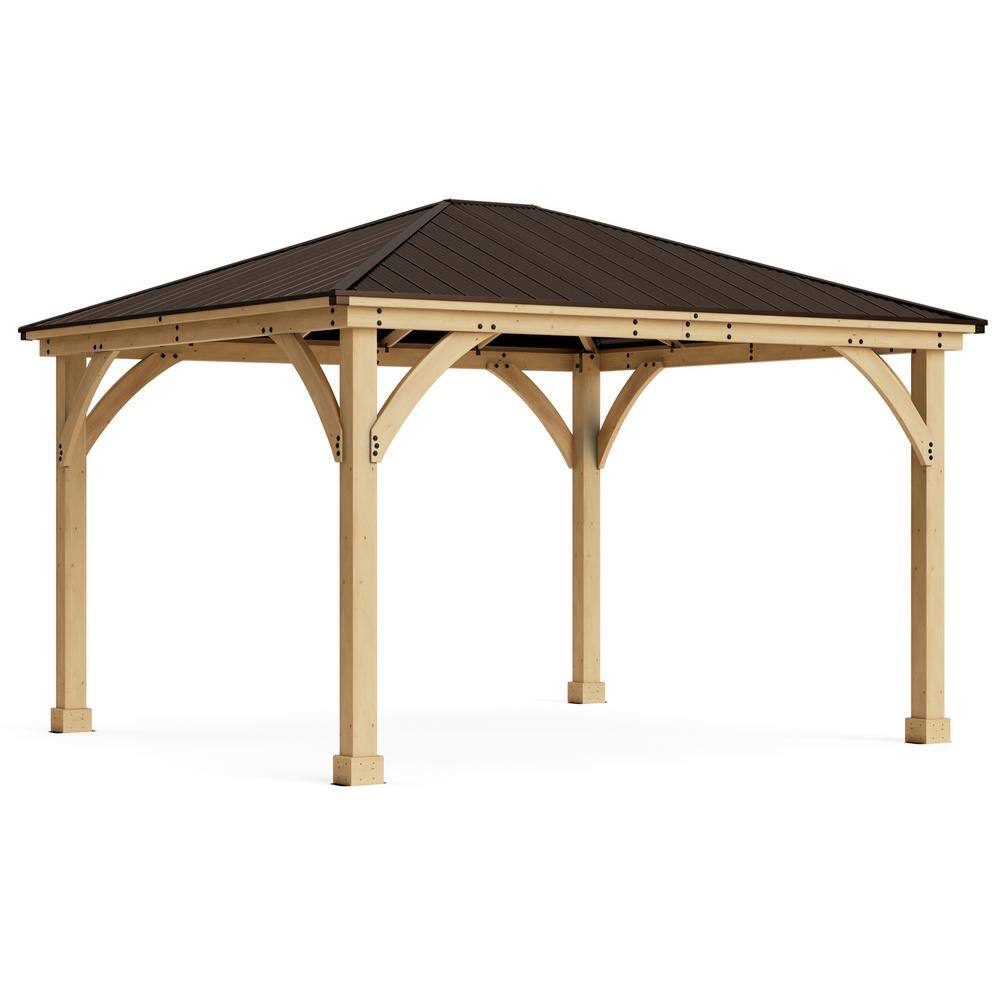 Yardistry Meridian 12 ft. x 12 ft. Premium Cedar Outdoor Patio Shade Gazebo with Architectural Posts and Brown Aluminum Roof YM11769
