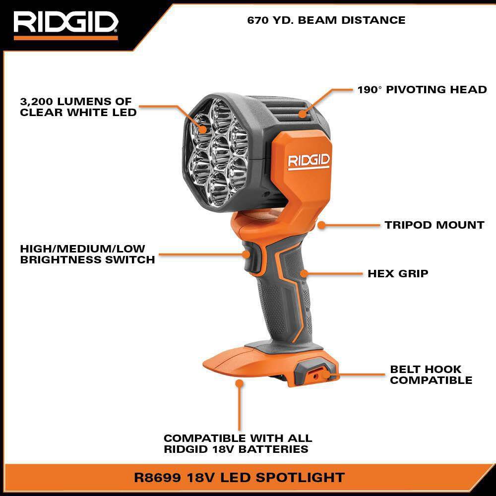 RIDGID 18V Cordless 3-Tool Combo Kit with LED Stick Light, LED Spotlight, and LED Hybrid Panel Light (Tools Only) R86689KSBN