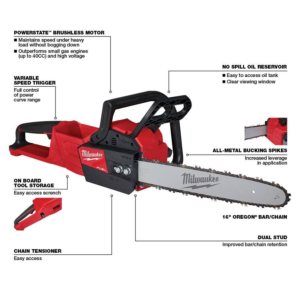 Milwaukee M18 FUEL 16 in. 18V Lith-Ion Brushless Battery Electric Chainsaw w/Rocket Dual Power Tower Light, Two 6Ah HO Batteries 2727-20-2131-20-48-11-1862