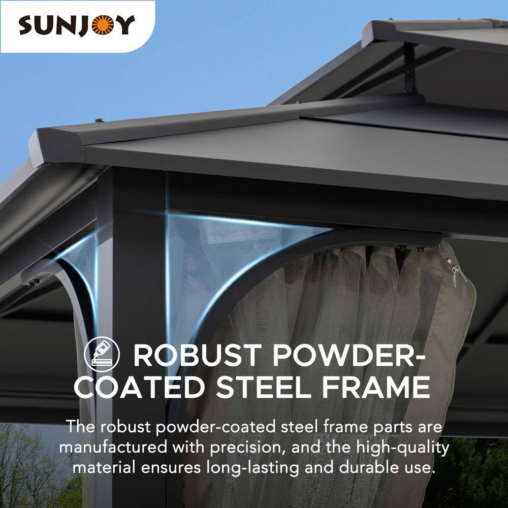 Sunjoy 12 ft. x 16 ft. Black Steel Gazebo with 2-tier Hip Roof Hardtop and Ceiling Hook and Removable Netting Sidewalls A102009141