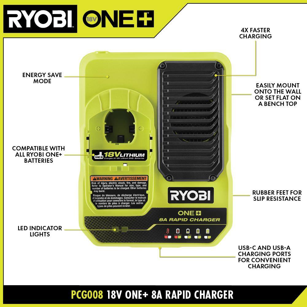 RYOBI ONE+ 18V 8A Rapid Charger with 6.0 Ah HIGH PERFORMANCE Battery (2-Pack) PCG008-PBP2007