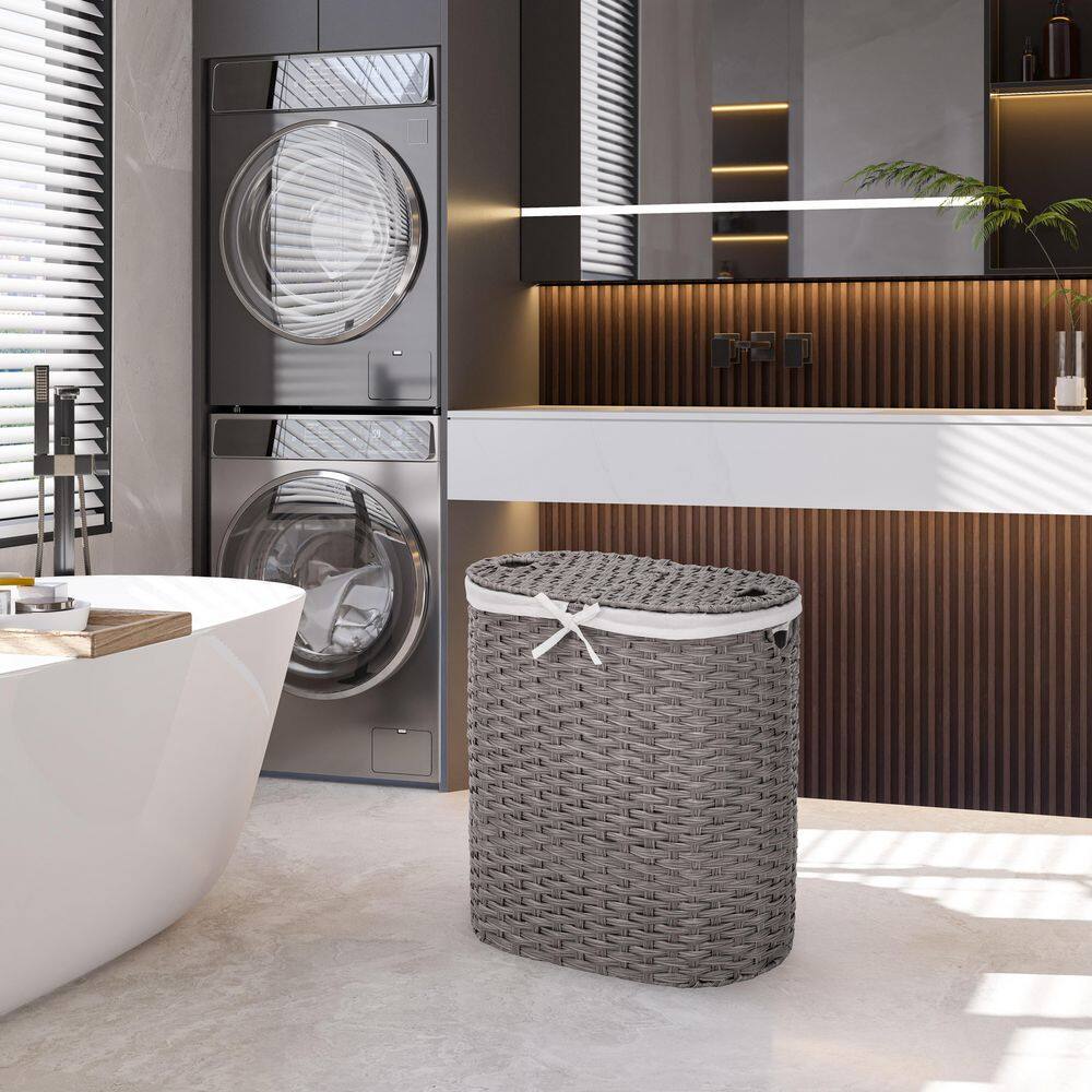 Seville Classics Gray 24 H x 22.75 W x 13 in. D Handwoven Plastic Contemporary Round Oval Double Laundry Room Hamper w/ Removable Liner STR06661B