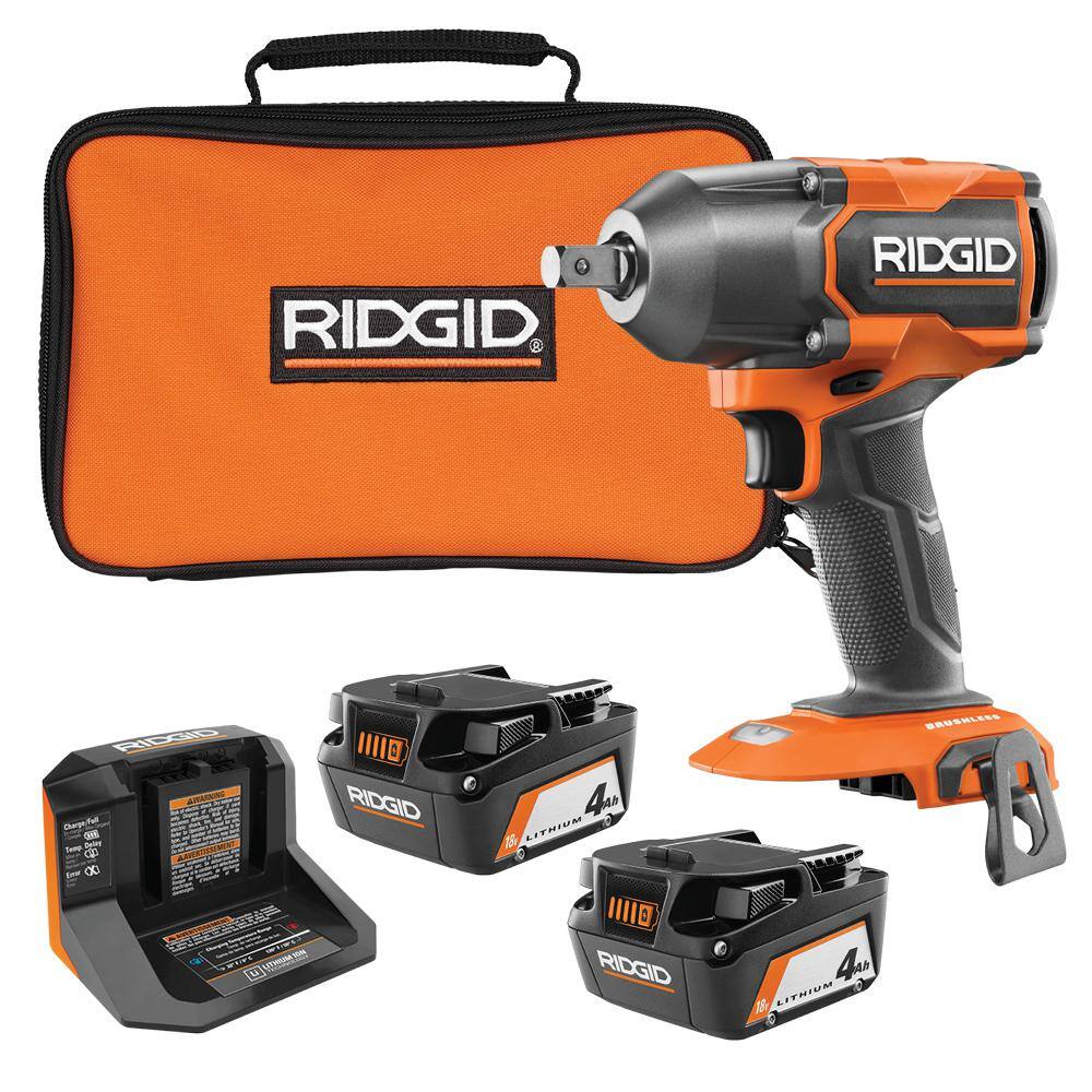 RIDGID 18V Brushless Cordless 4-Mode 1/2 in. Mid-Torque Impact Wrench w/ Friction Ring with (2) 4Ah Batteries, Charger, & Bag R86012B-AC93044SBN