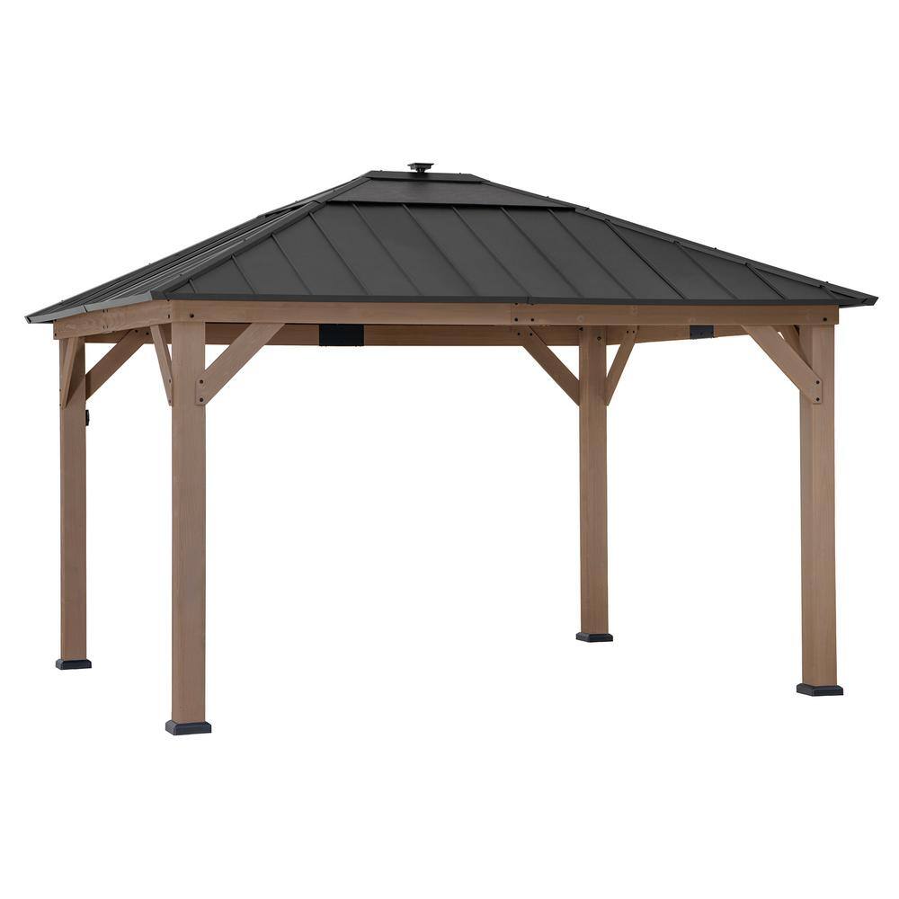 Sunjoy 11 ft. x 13 ft. Cedar Framed Gazebo with Brown Steel and Polycarbonate Hip Roof with Solar Powered LED Lights A102005891