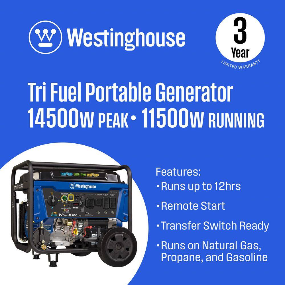 Westinghouse 14,500-Watt/11,500-Watt Remote Start Tri-Fuel Portable Generator with Transfer Switch Outlet, Remote Start and CO Sensor WGen11500TFc