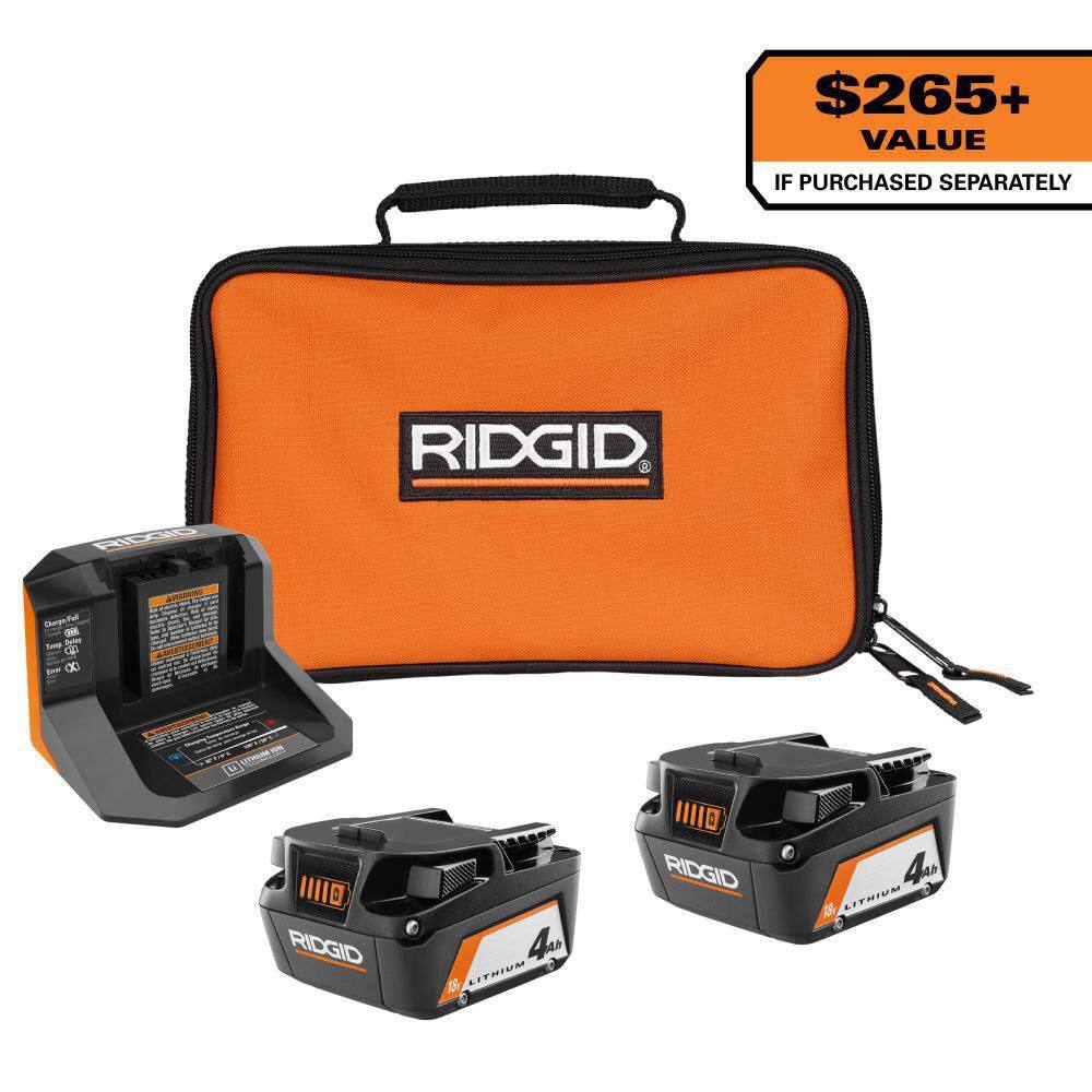 RIDGID 18V Lithium-Ion (2) 4.0 Ah Battery Starter Kit with Charger and Bag AC93044SBN
