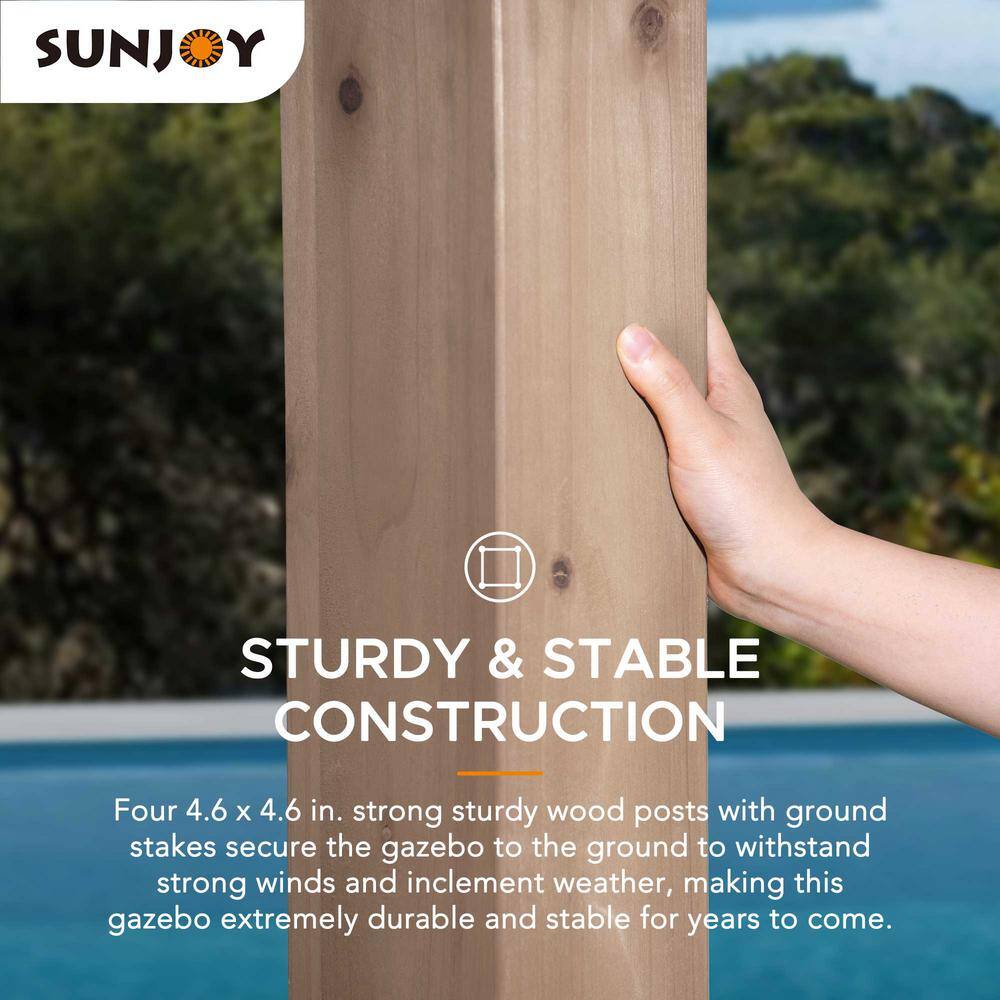Sunjoy 13 ft. x 15 ft. Outdoor Patio Cedar Framed Wood Gazebo with Dark Brown Steel and Polycarbonate Hip Roof and Ceiling Hook A102007650