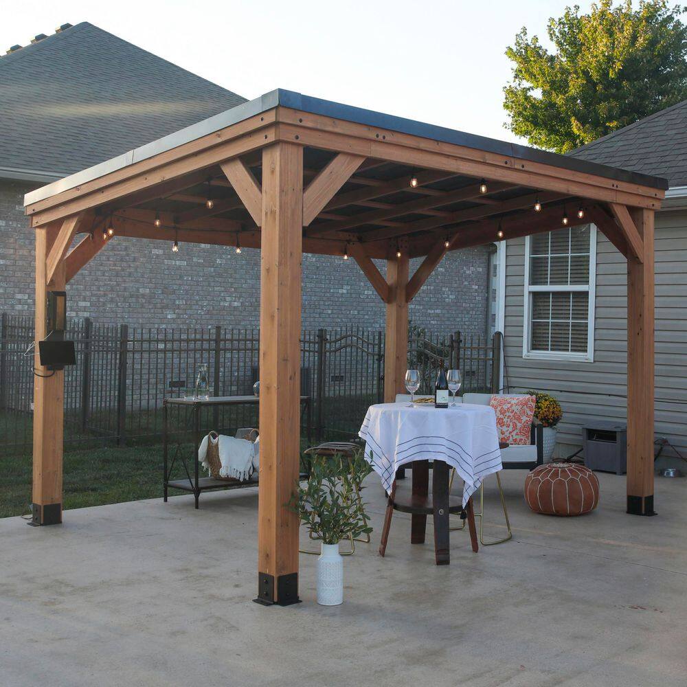 Backyard Discovery Arcadia 12 ft. x 9 ft. 6 in. All Cedar Wood Gazebo with Hard Top Steel Metal Roof and Electric, Brown 2306073COM