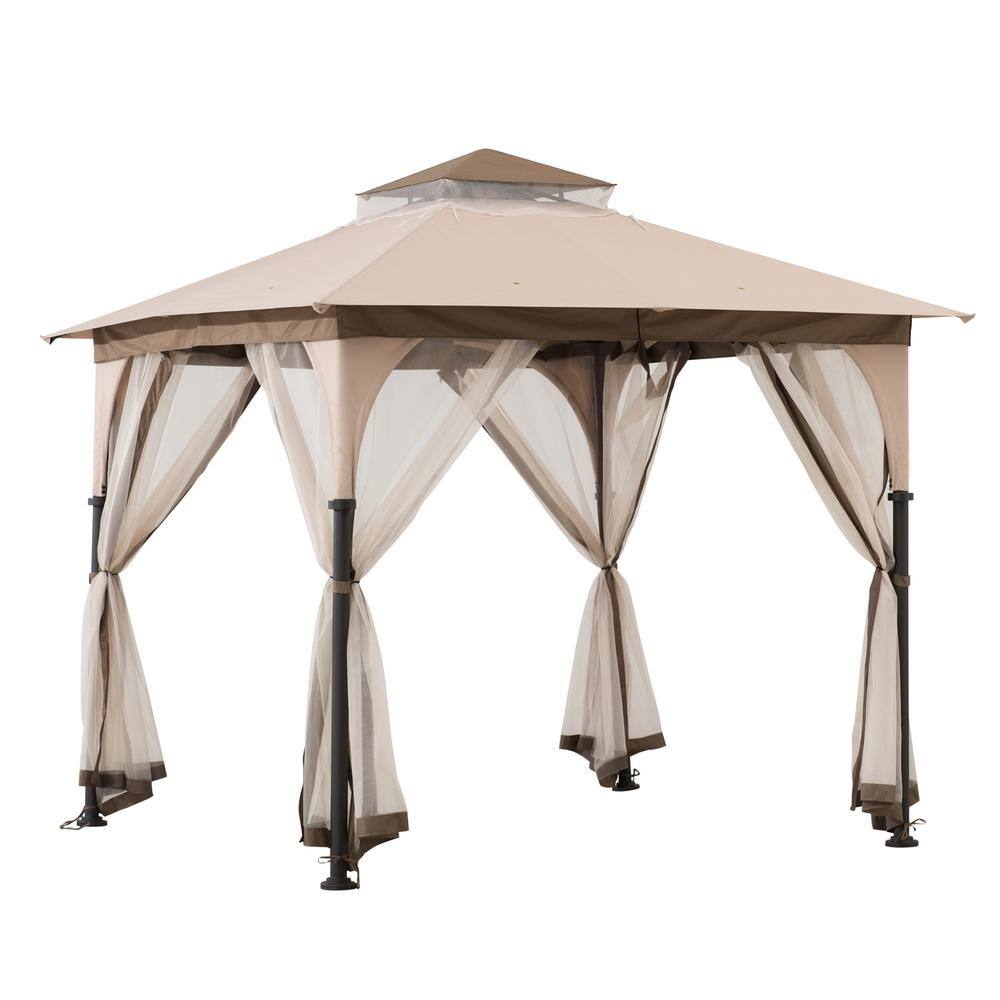 Sunjoy 9.5 ft. x 9.5 ft. 2-Tier Soft Top Gazebo Steel Outdoor Garden Gazebo with Ceiling Hook and Netting, Tan and Brown A101011100