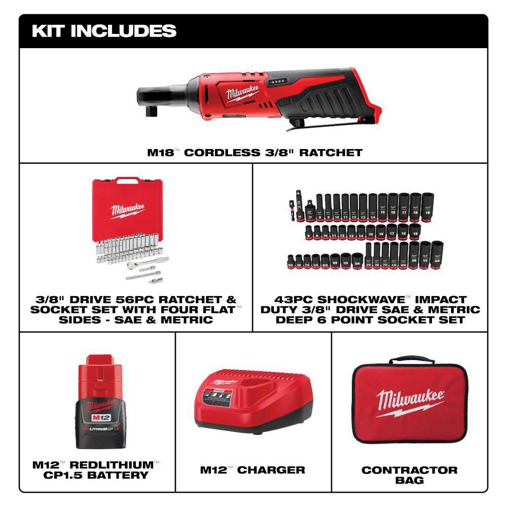 Milwaukee M12 12V 3/8 in. Lithium-Ion Cordless Ratchet Kit w/3/8 in. Drive SAE/Metric Mechanics & Impact Socket Set (100-Piece) 2457-21-48-22-9008-49-66-7009