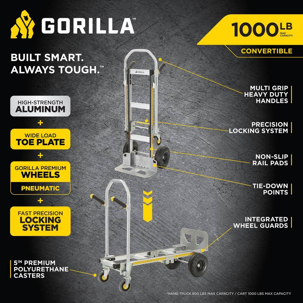 Gorilla 1,000 lbs. Capacity Convertible All Aluminum Hand Truck with Multi-Grip Power Handle, Wide Load Toe Plate Technology GHA2-10
