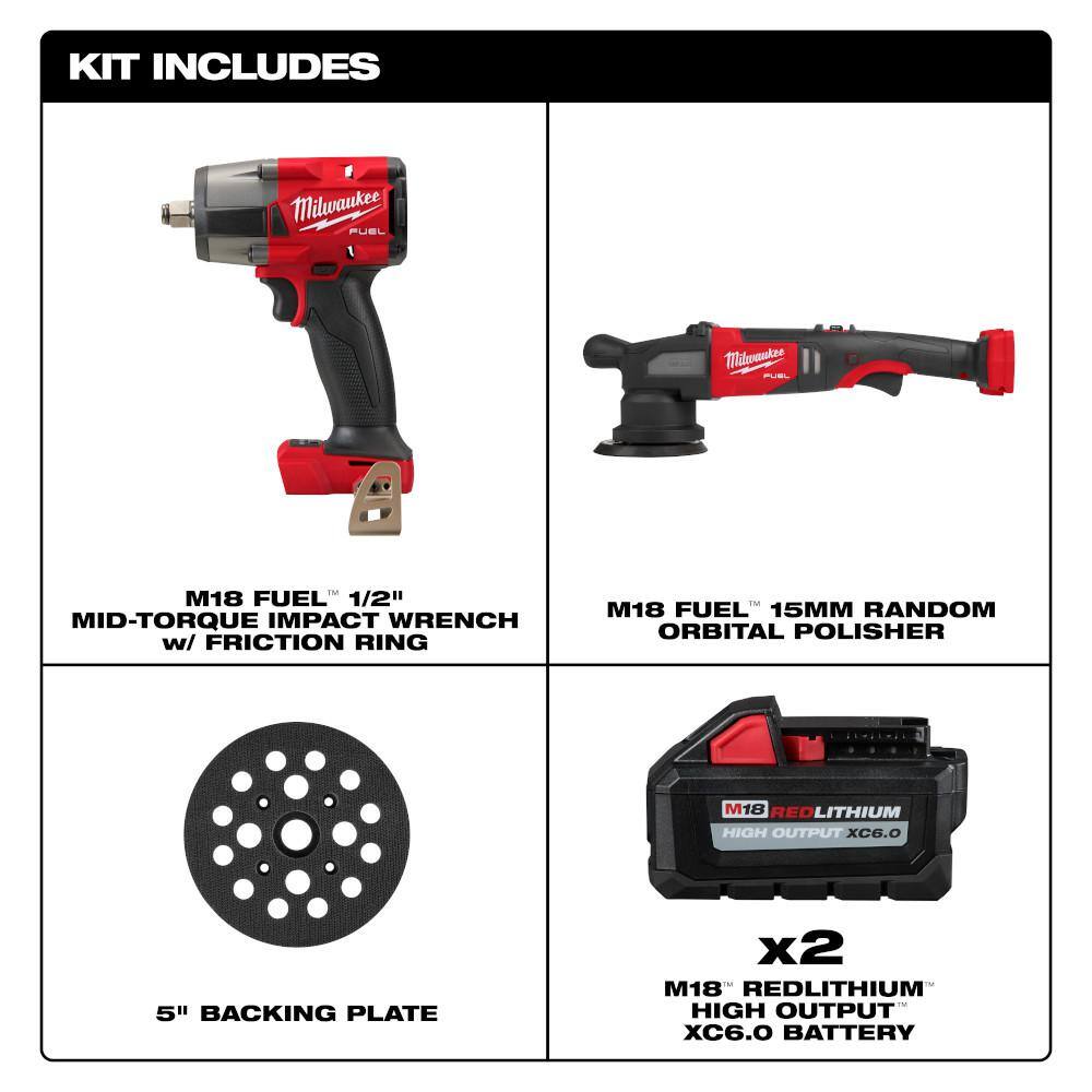 Milwaukee M18 FUEL 18V Lith-Ion Brushless Cordless Mid Torque 1/2 in. Impact Wrench w/Polisher & (2) High Output 6.0Ah Battery 2962-20-2684-20-48-11-1862
