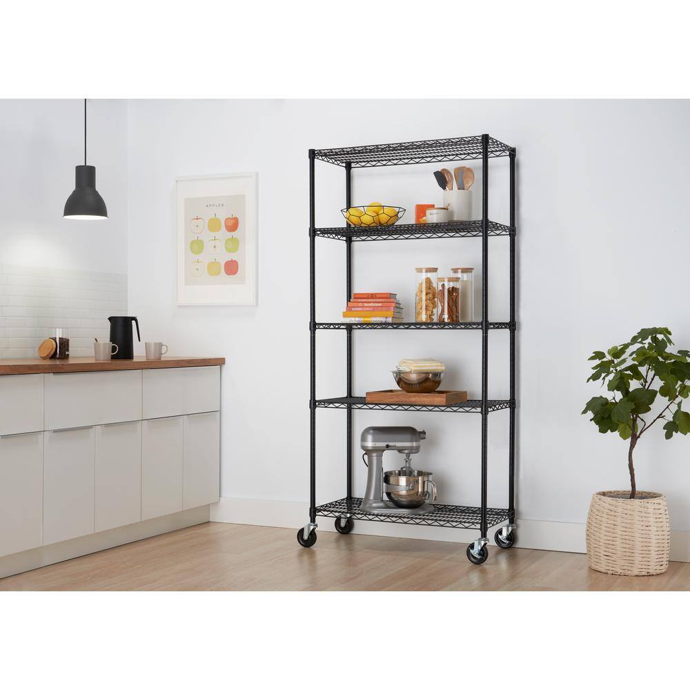 TRINITY Black 5-Tier Rolling Steel Wire Shelving Unit (36 in. W x 76 in. H x 18 in. D) TBFPB-0933