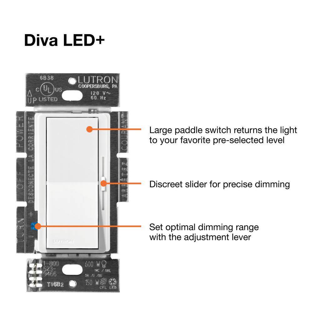 Lutron Diva LED+ Dimmer Switch for Dimmable LED, White, Klein 11-in-1 Multi Bit Screwdriver and Nut Driver (DVCL-6PKR-KSD) DVCL-6PKR-KSD