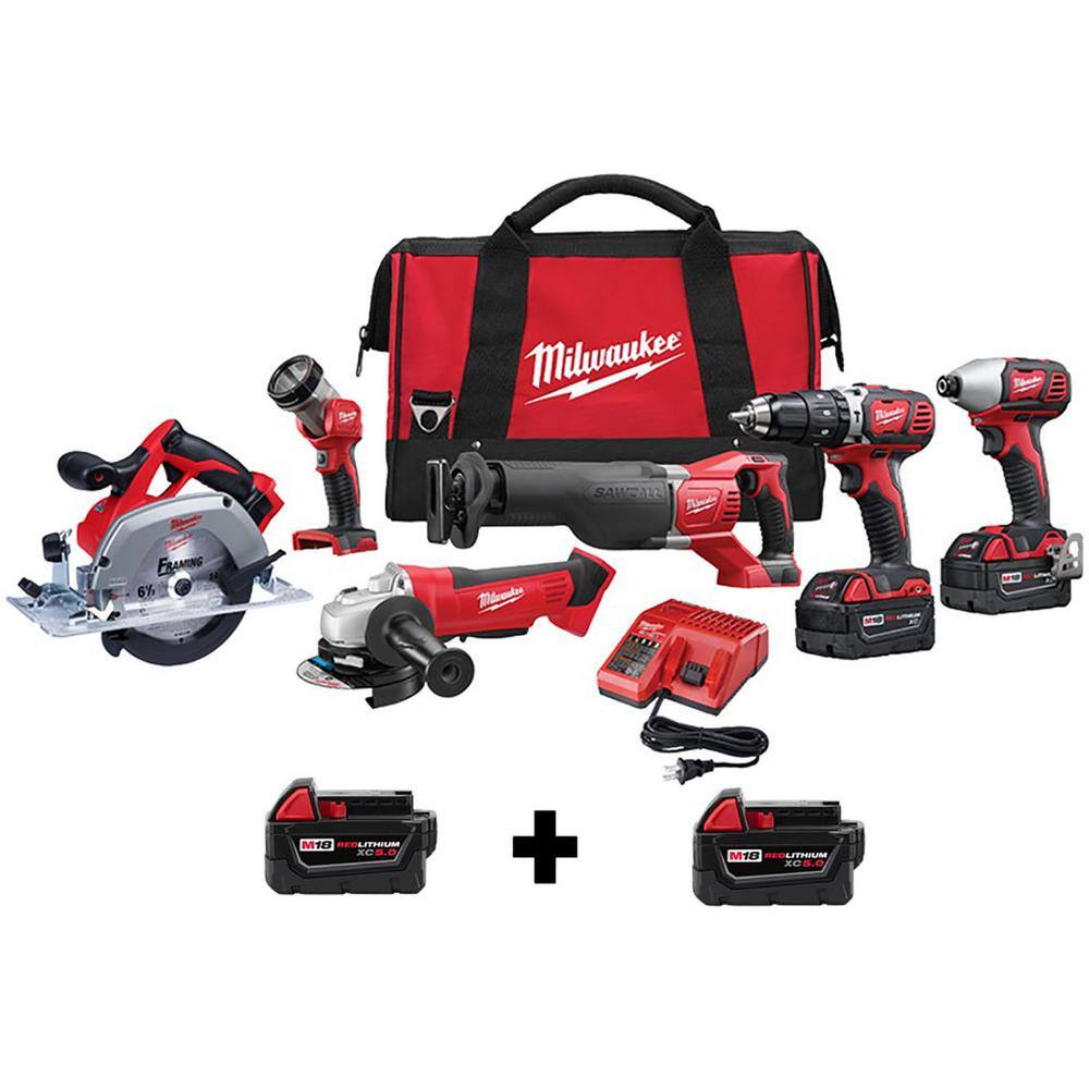 Milwaukee M18 18V Lithium-Ion Cordless Combo Tool Kit (6-Tool) w/ Two Additional 5.0 Ah Batteries 2696-26-48-11-1850-48-11-1850