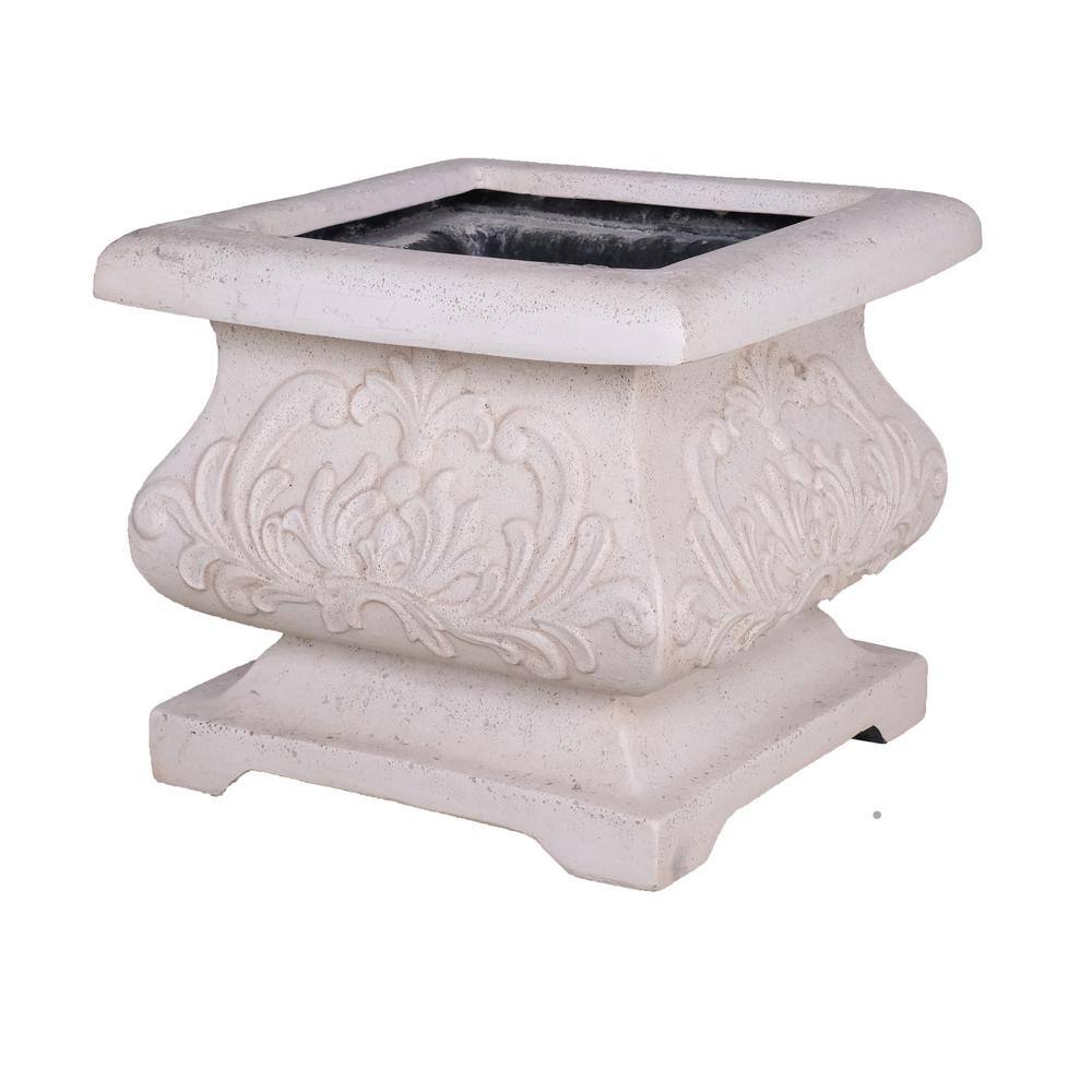 MPG 18 in. sq. Light Aged White Cast Stone Fiberglass Bombe Planter PF5795LAW