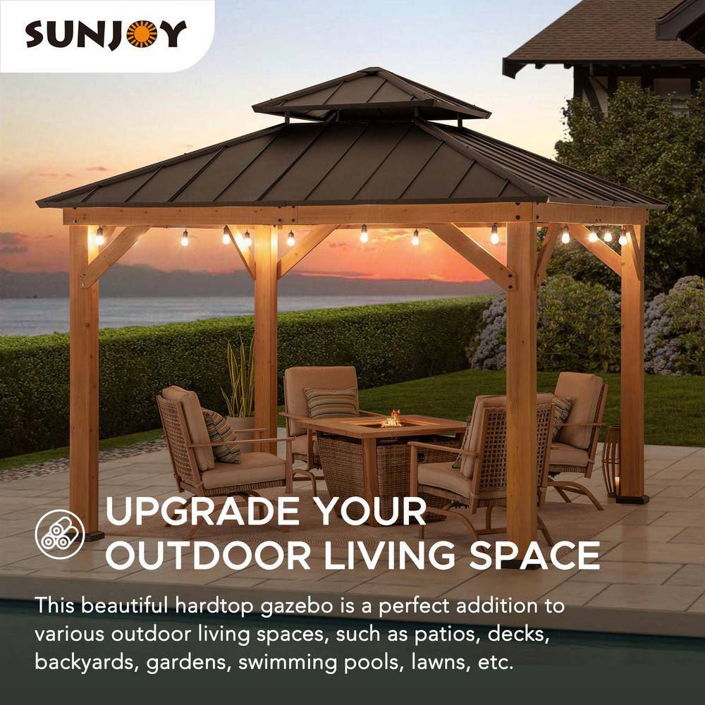 Sunjoy 11 ft. x 11 ft. Black 2-Tier Wooden Frame Hardtop Gazebo for Garden, Backyard Shade with Ceiling Hook A102007390