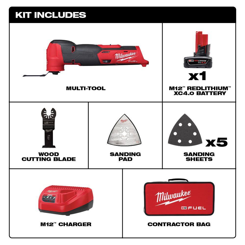 Milwaukee M12 FUEL 12V Lithium-Ion Cordless Oscillating Multi-Tool Kit with 4.0 Ah Battery, Charger, Accessories and Tool Bag 2526-21XC
