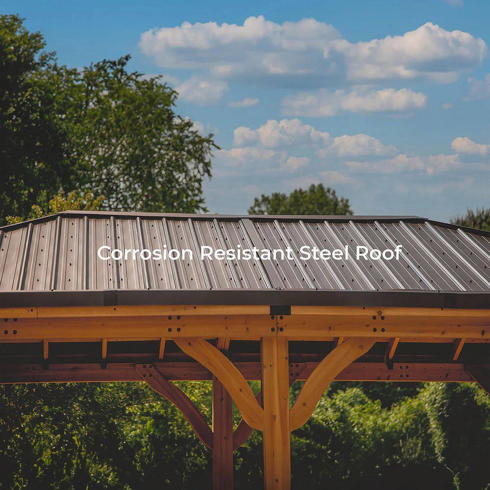 Backyard Discovery Barrington 20 ft. x 12 ft. All Cedar Wood Carport Pavilion Gazebo with Hard Top Steel Metal Hip Roof and Electric, Brown 2306172COM