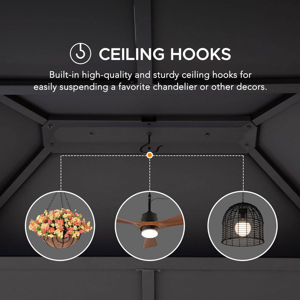 Sunjoy 10 ft. x 12 ft. Black Steel Hardtop Gazebo with 2-Tier Hip Roof and Ceiling Hook and Removable Netting Sidewalls A102009121