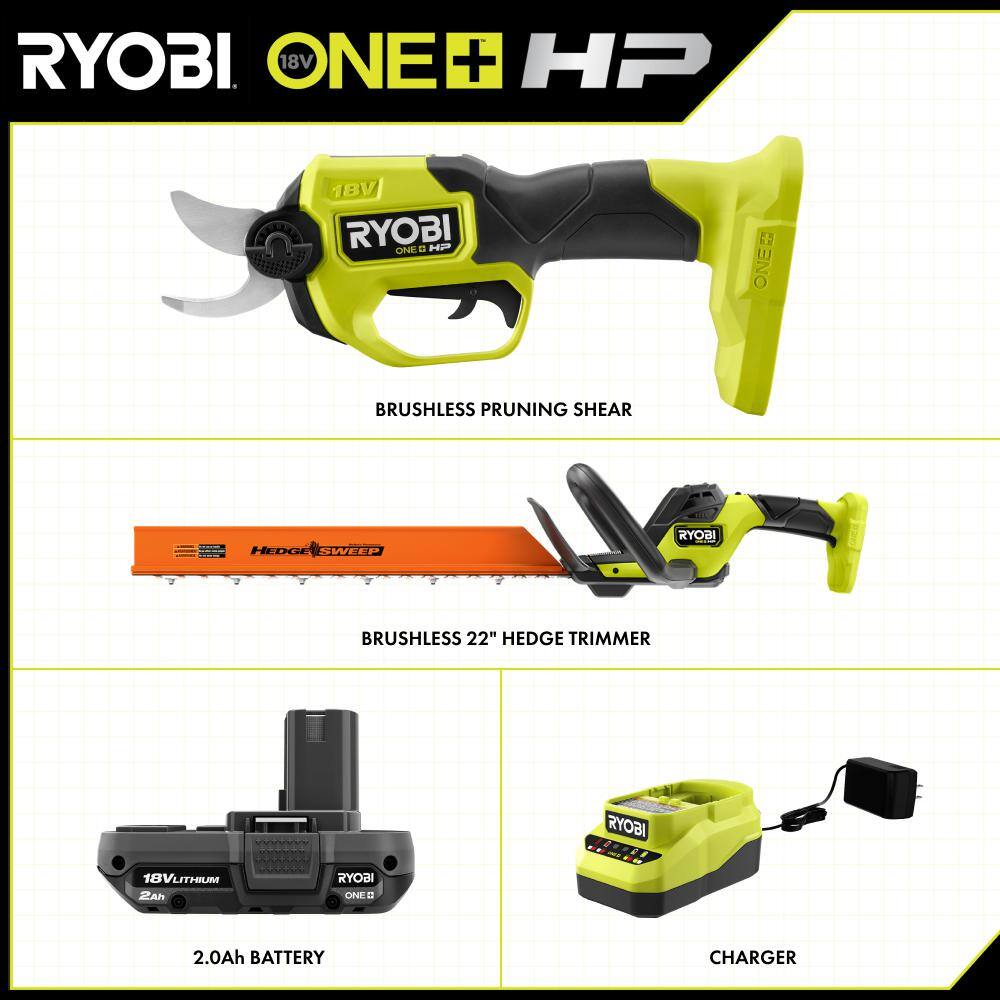 RYOBI ONE+ HP 18V Brushless Cordless Pruner & ONE+ HP 18V Brushless 22 in. Battery Hedge Trimmer with 2.0 Ah Battery & Charger P2550-P2608BTL
