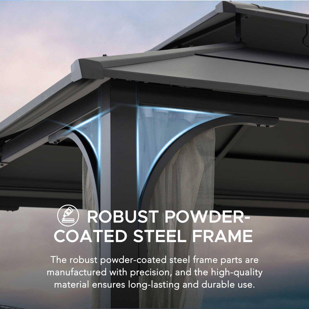 Sunjoy 10 ft. x 12 ft. Black Steel Hardtop Gazebo with 2-Tier Hip Roof and Ceiling Hook and Removable Netting Sidewalls A102009121