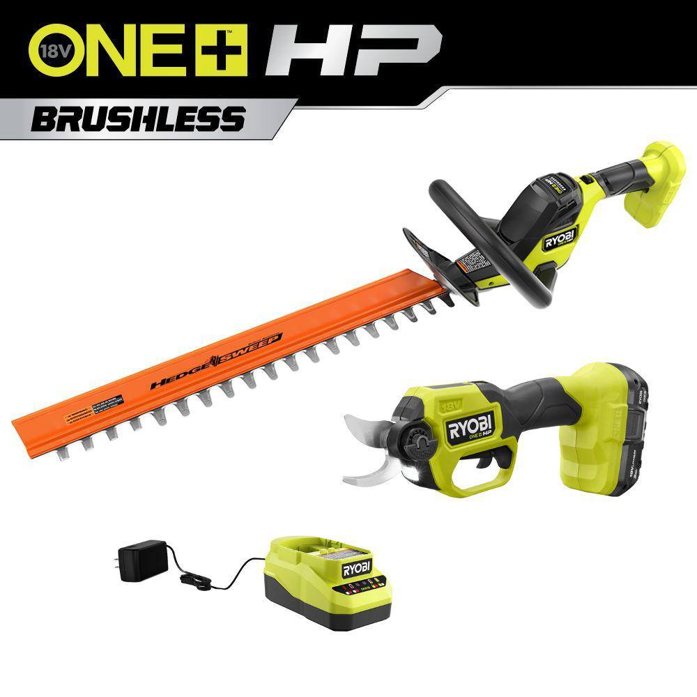RYOBI ONE+ HP 18V Brushless Cordless Pruner & ONE+ HP 18V Brushless 22 in. Battery Hedge Trimmer with 2.0 Ah Battery & Charger P2550-P2608BTL