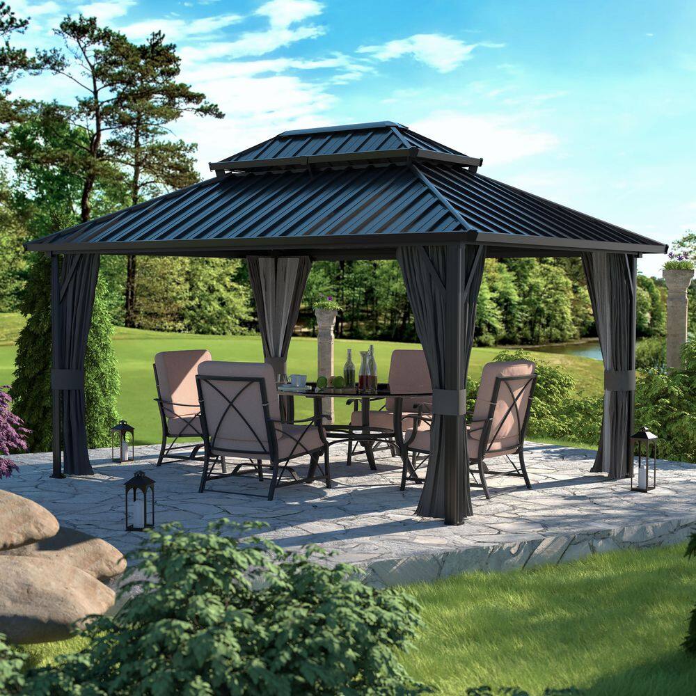 VEIKOUS 16 ft. x 12 ft. Aluminum Double Hardtop Gazebo with Grey Curtains and Netting PG0201-28-6