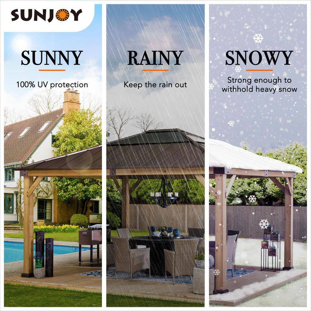 Sunjoy Macie Outdoor Patio 13 ft. x 15 ft. Brown Wooden Frame Backyard Hardtop Gazebo with Ceiling Hook A102007602
