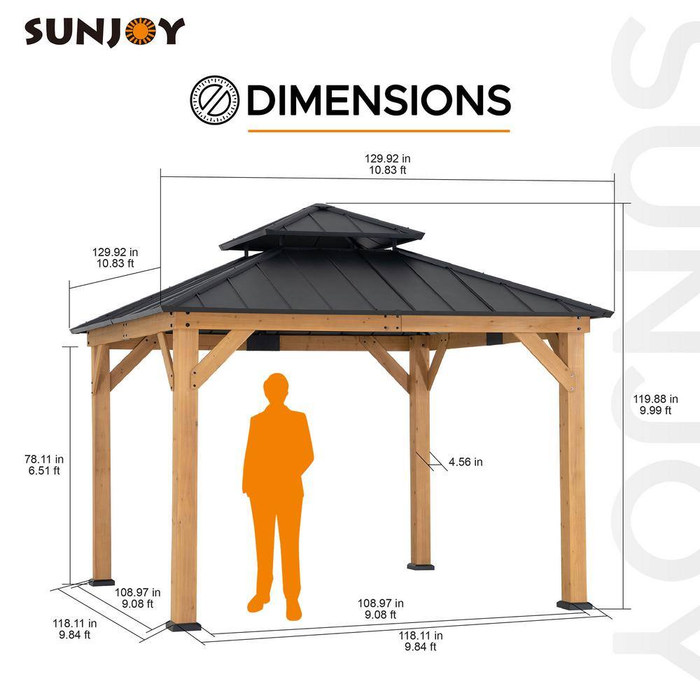 Sunjoy 11 ft. x 11 ft. Black 2-Tier Wooden Frame Hardtop Gazebo for Garden, Backyard Shade with Ceiling Hook A102007390