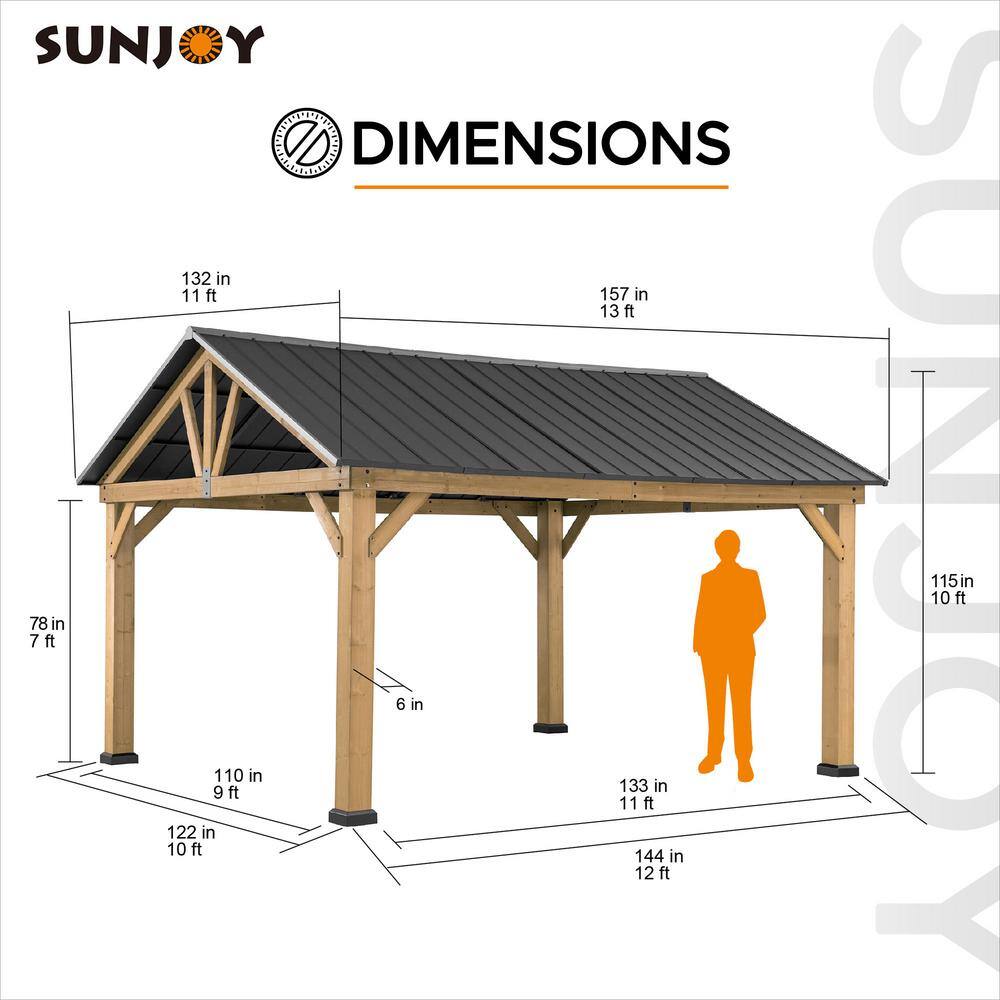 Sunjoy 11 ft. x 13 ft. Cedar Framed Gazebo with Matte-Black Steel Gable Hard Top Roof A102008001
