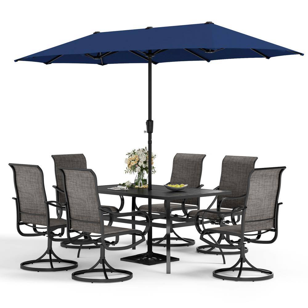 PHI VILLA Black 8-Piece Metal Rectangle Patio Outdoor Dining Set with Slat Table, Umbrella and Textilene Swivel Chairs THD8-0604-93BZ