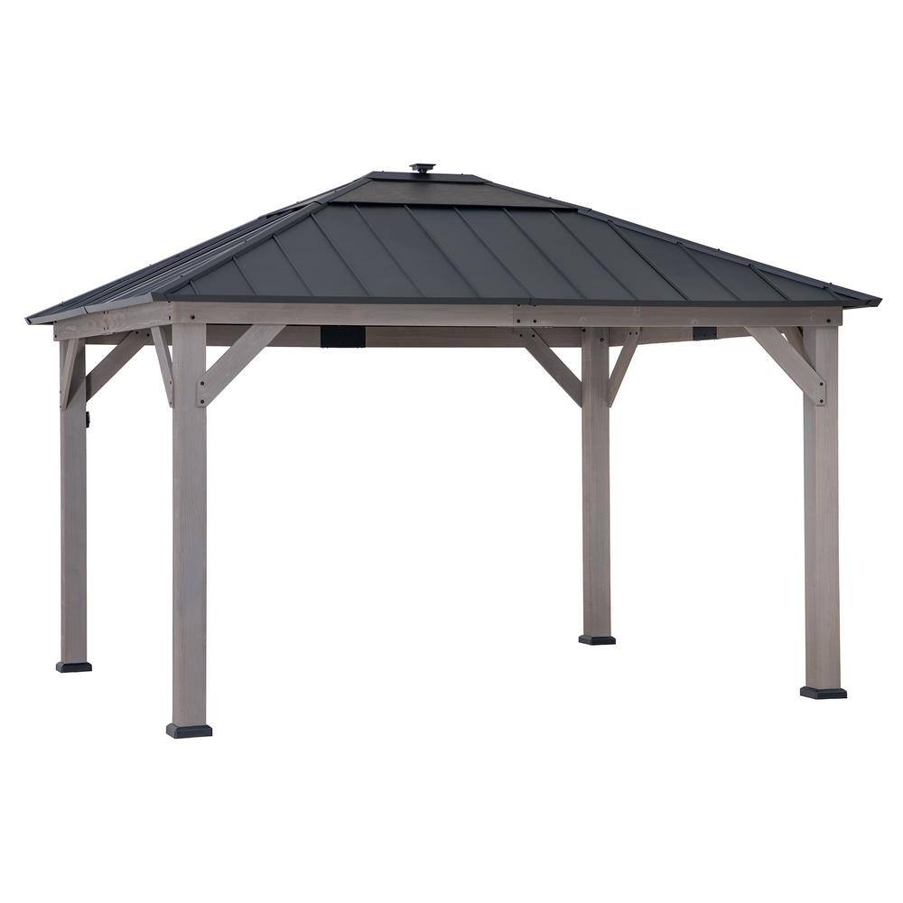 Sunjoy 11 ft. x 13 ft. Grayden Cedar Framed Gazebo with Black Steel and Polycarbonate Hip Roof with Solar Powered LED Lights A102005890