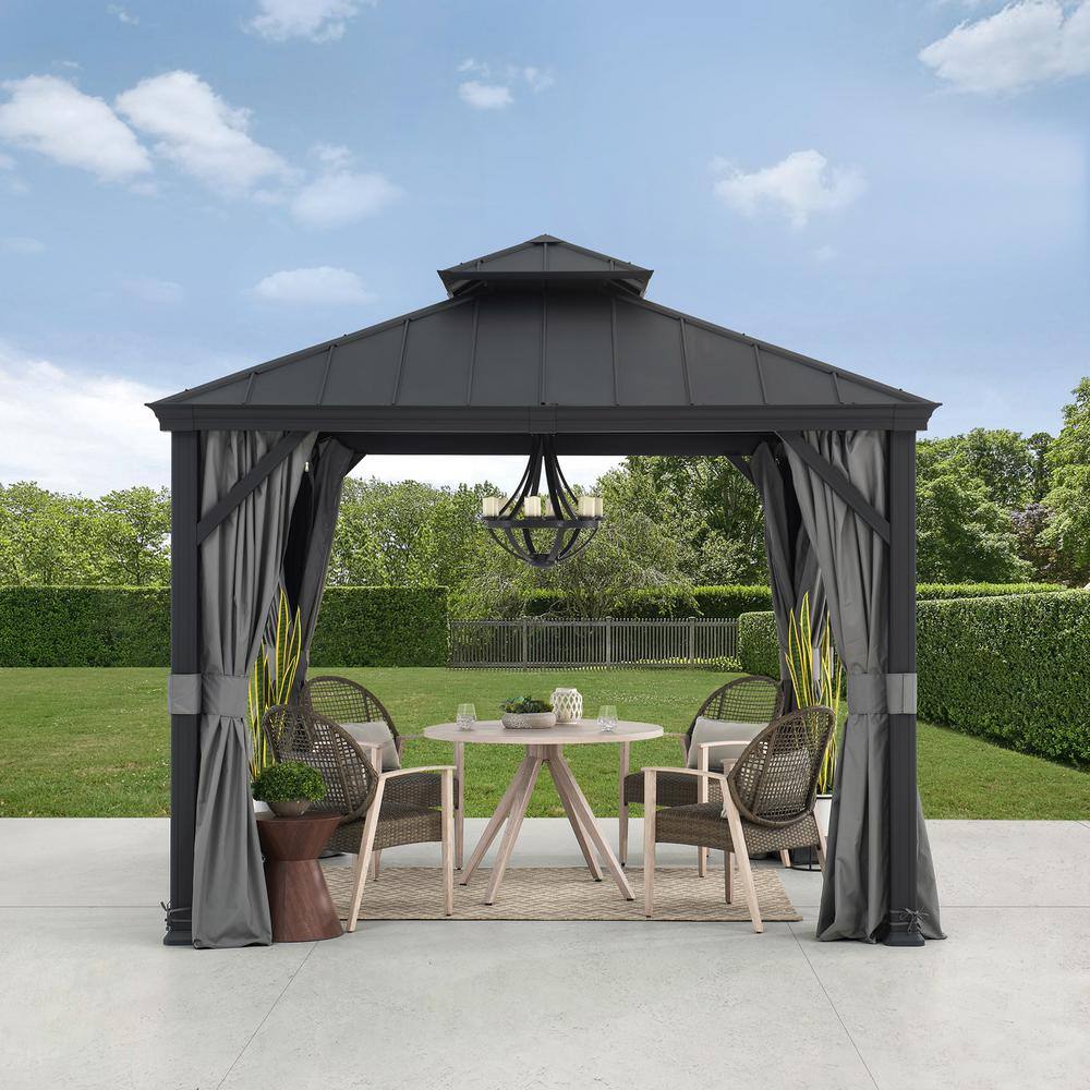Sunjoy 10 ft. x 10 ft. Aluminum Frame and Black Power-Coated 2-Tier Steel Hardtop Gazebo for Backyard with Netting and Curtain A102012121