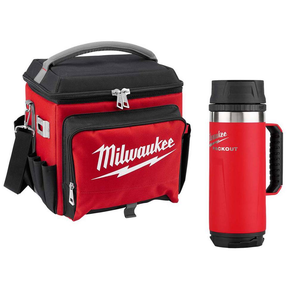 Milwaukee 21 Qt. Soft Sided Jobsite Lunch Cooler with PACKOUT Red 18 oz. Insulated Mug with Sip Lid 48-22-8250-48-22-8394R