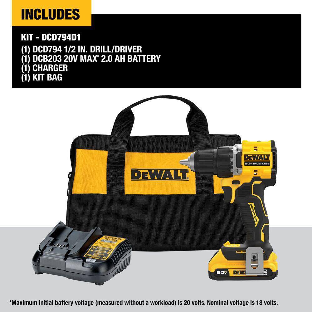 DEWALT ATOMIC 20-Volt Lithium-Ion Cordless Compact 1/2 in. Drill/Driver Kit with 30 Driving Bit Set, 2Ah Battery and Charger DCD794D1WDF30SE