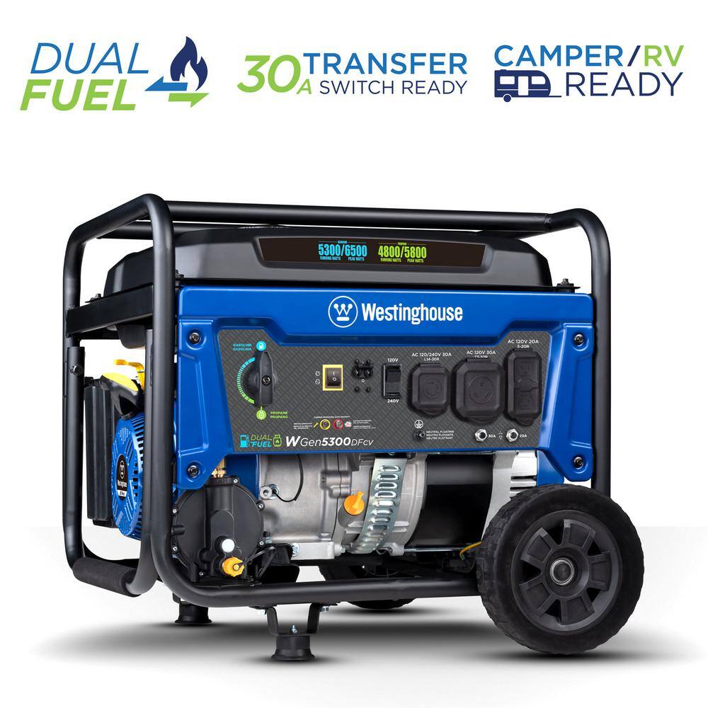 Westinghouse 6,500/5,300-Watt Dual Fuel Gas and Propane Powered Portable Generator with Digital Display, 30A 120/240V Outlet WGen5300DFcv