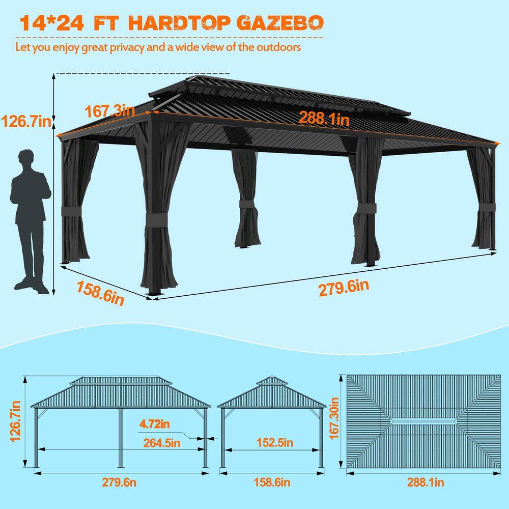 VEIKOUS 24 ft. W x 14 ft. L Aluminum Double Hardtop Gazebo with Curtains and Netting PG0201-24-4
