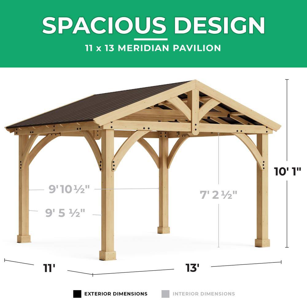 Yardistry Carolina 11 ft. x 13 ft. Premium Outdoor Cedar Backyard Patio Shade Pavilion with Brown Aluminum Gazebo Style Roof YM11726