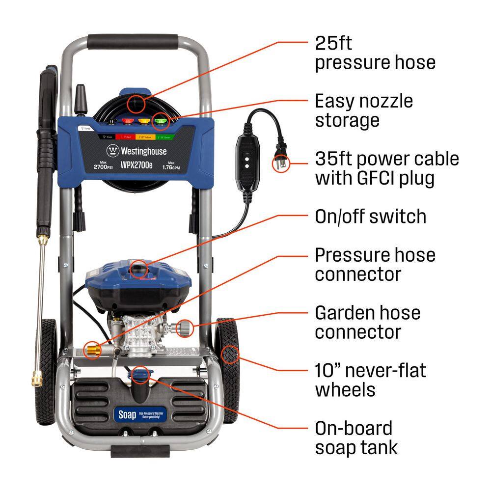 Westinghouse 2700 PSI 1.76 GPM 13 Amp Cold Water Electric Powered Pressure Washer with Turbo Nozzle and 5 Quick Connect Tips WPX2700e