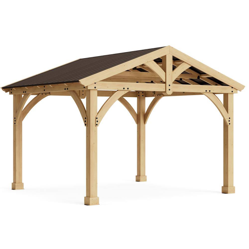 Yardistry Carolina 11 ft. x 13 ft. Premium Outdoor Cedar Backyard Patio Shade Pavilion with Brown Aluminum Gazebo Style Roof YM11726