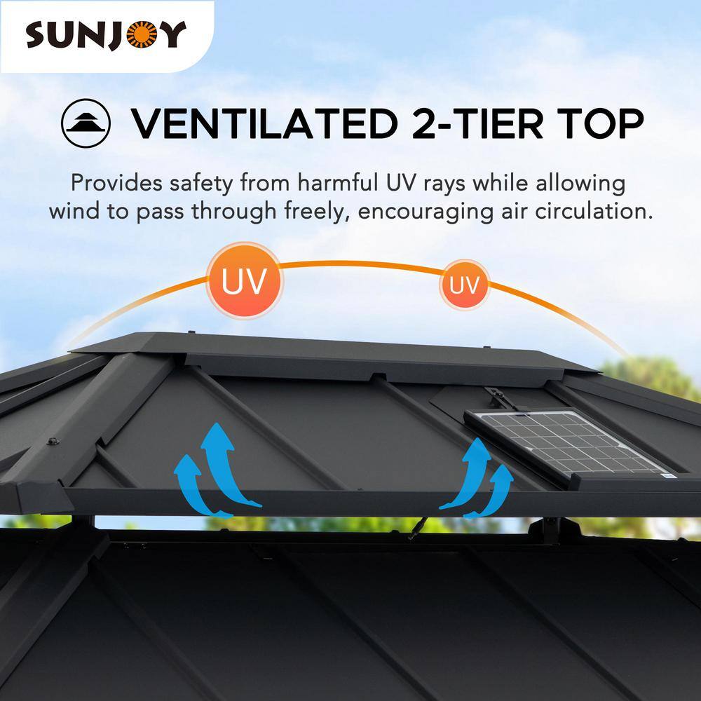 Sunjoy 10 ft. x 12 ft. 2-Tier Black Power-Coated Steel Hardtop Gazebo Patio Aluminum Frame Gazebo with Solar Panel and Netting A1020121C0