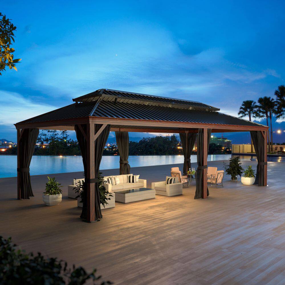 VEIKOUS 24 ft. x 14 ft. Wood Grain Aluminum Hardtop Gazebo Double Roof with Netting PG0201-24RT-4