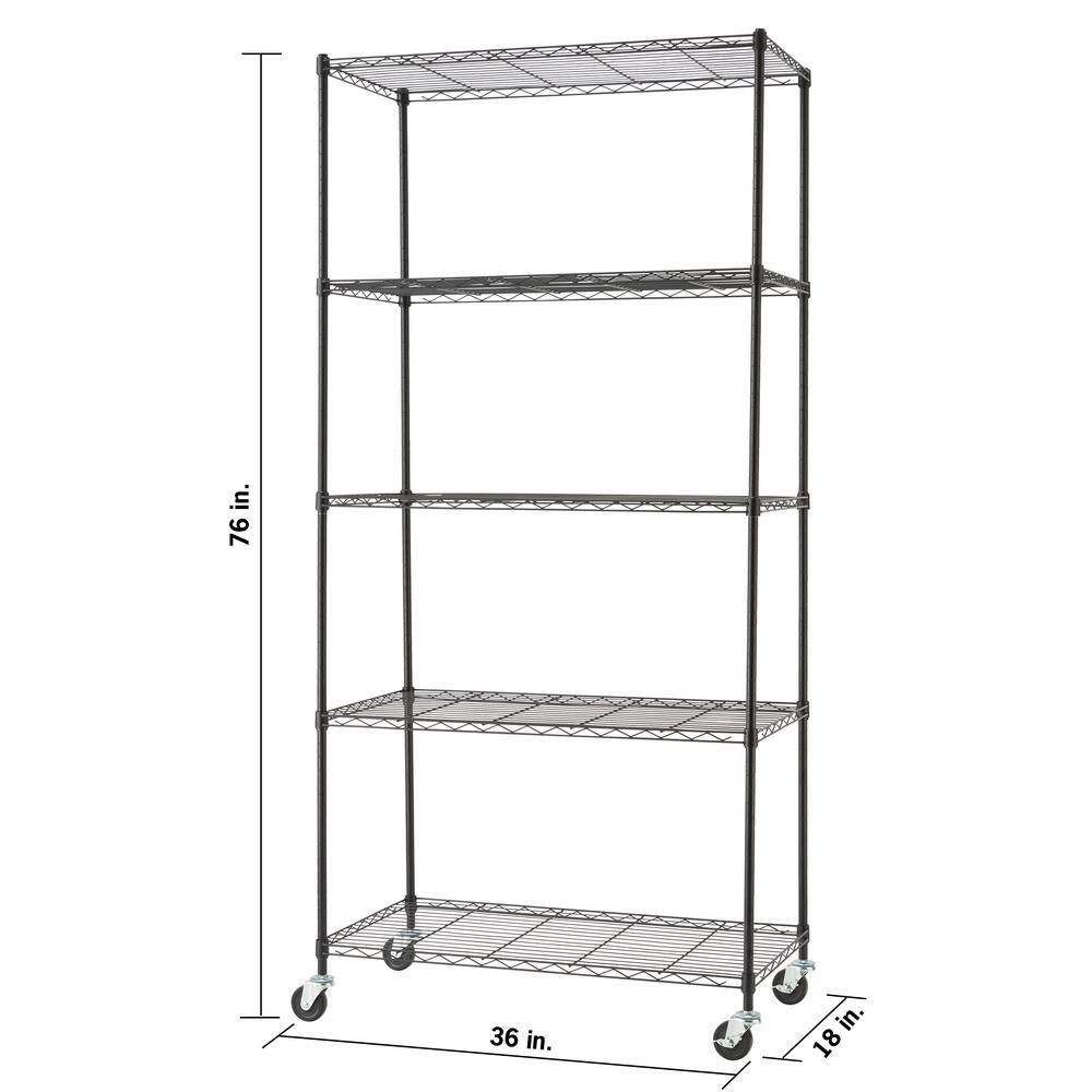 TRINITY Black 5-Tier Rolling Steel Wire Shelving Unit (36 in. W x 76 in. H x 18 in. D) TBFPB-0933