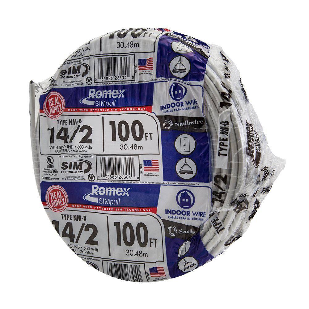Southwire 100 ft. 14/2 Solid Romex SIMpull CU NM-B W/G Wire 28827428