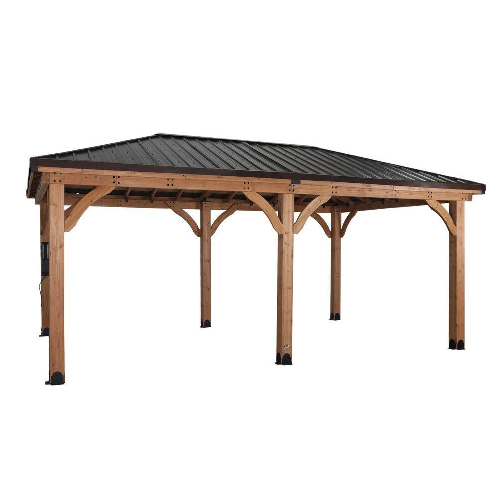 Backyard Discovery Barrington 20 ft. x 12 ft. All Cedar Wood Carport Pavilion Gazebo with Hard Top Steel Metal Hip Roof and Electric, Brown 2306172COM